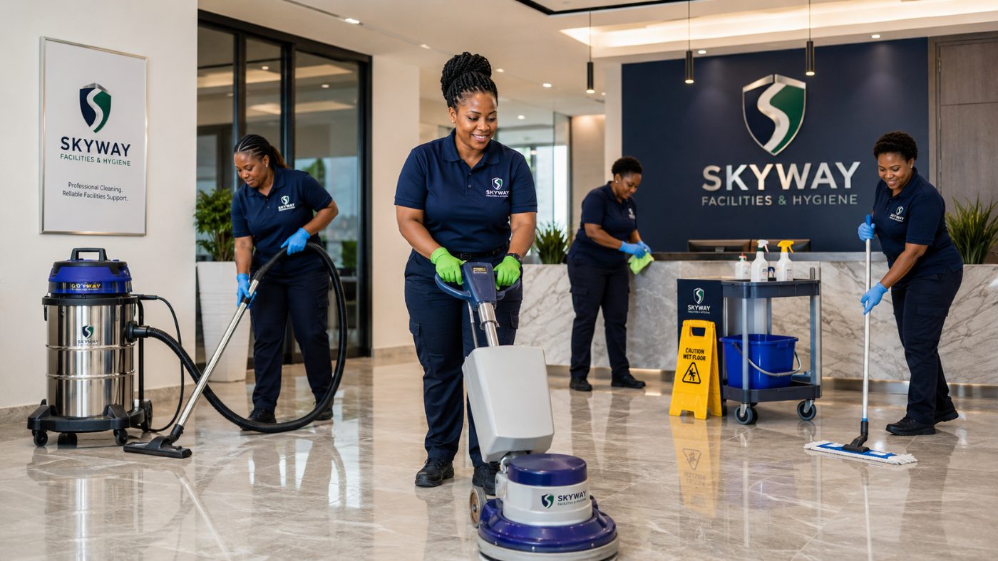 Skyway facilities team maintaining a commercial office lobby