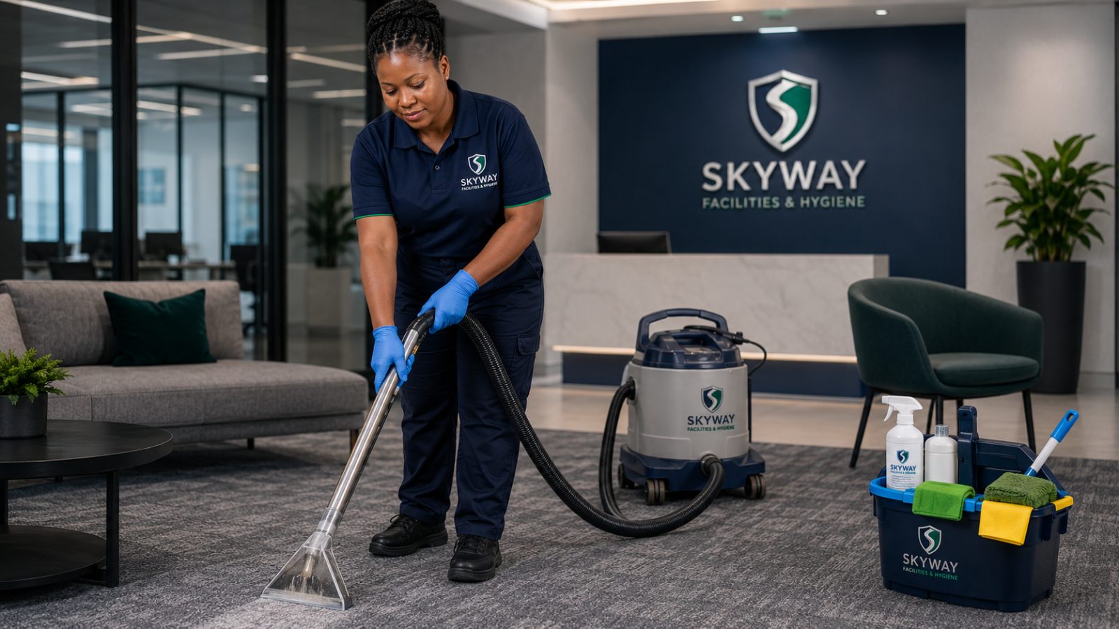 Skyway staff performing carpet and floor care in a commercial office lobby