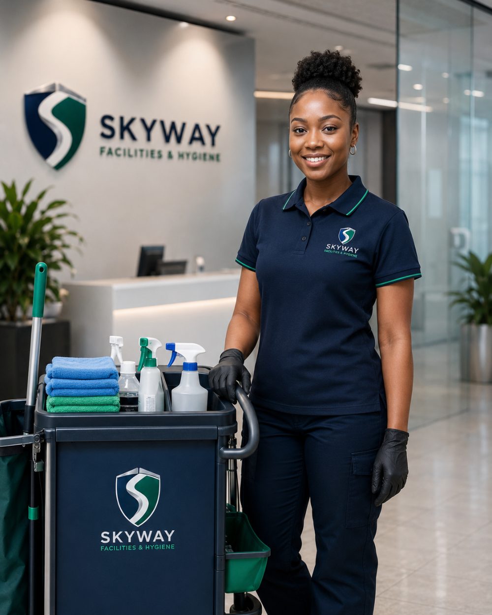 Uniformed Skyway facilities staff member in a commercial reception area